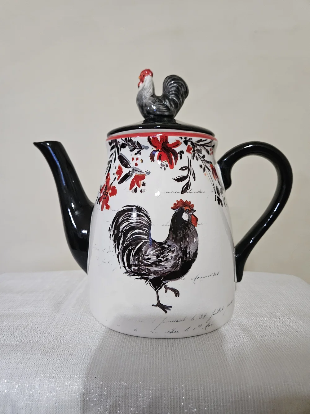 Cracker Barrel Ceramic Rooster Teapot - White, Black & Red